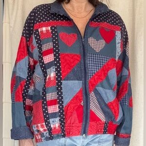 Adorable Vintage Granny-core Handmade Patchwork Quilt Jacket Denim Hearts Plaid